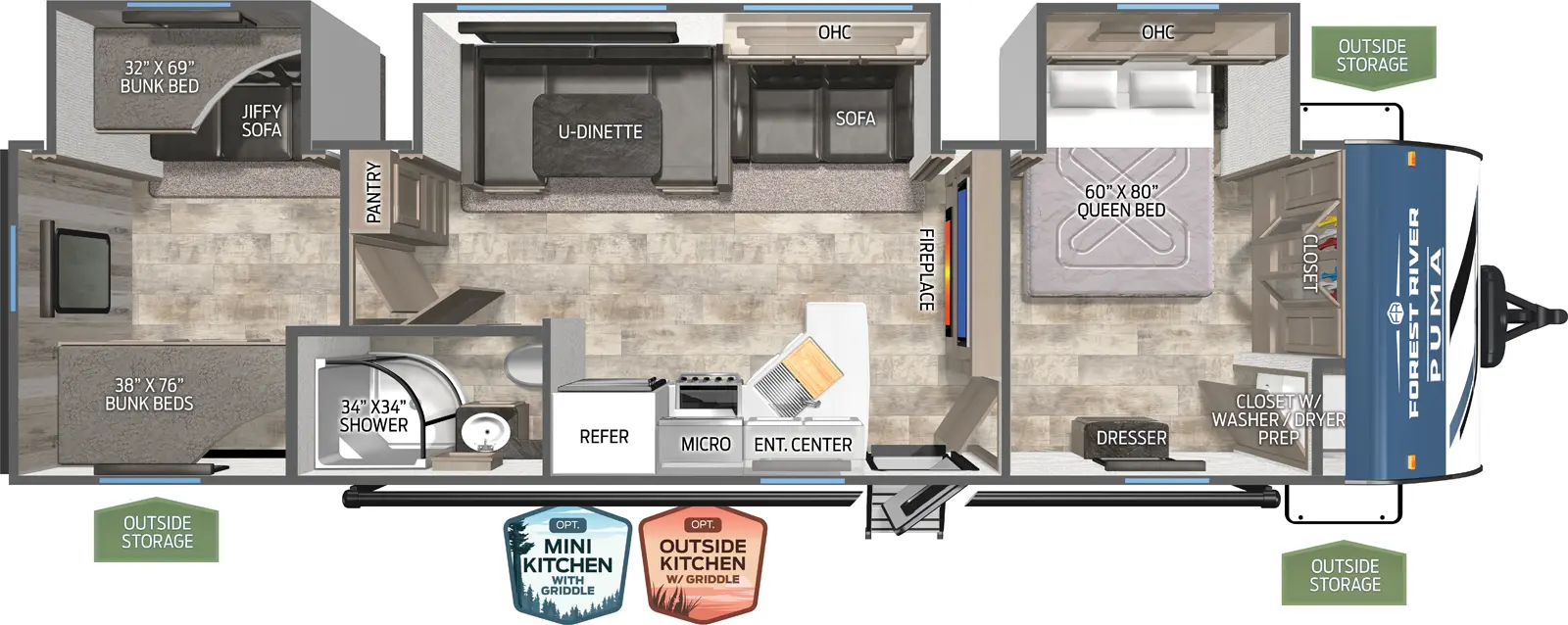 The Puma 32RBFQ floorplan has one entry and three slide outs. Exterior features include: metal exterior, 21' awning and outside kitchen. Interiors features include: bunk beds, u-dinette and front bedroom.